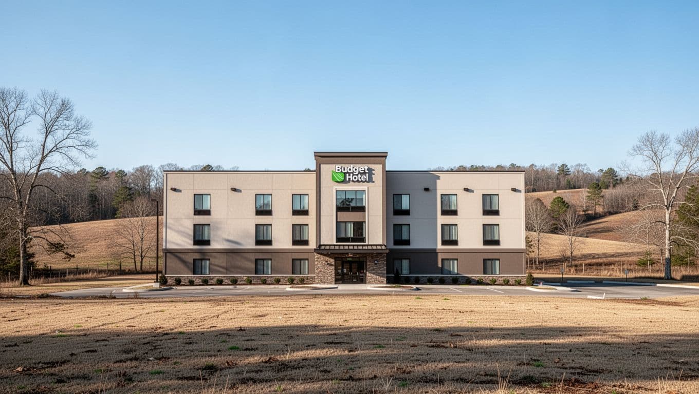 A modern hotel building in rural Alabama with a dark green Cheap Hotels banner.