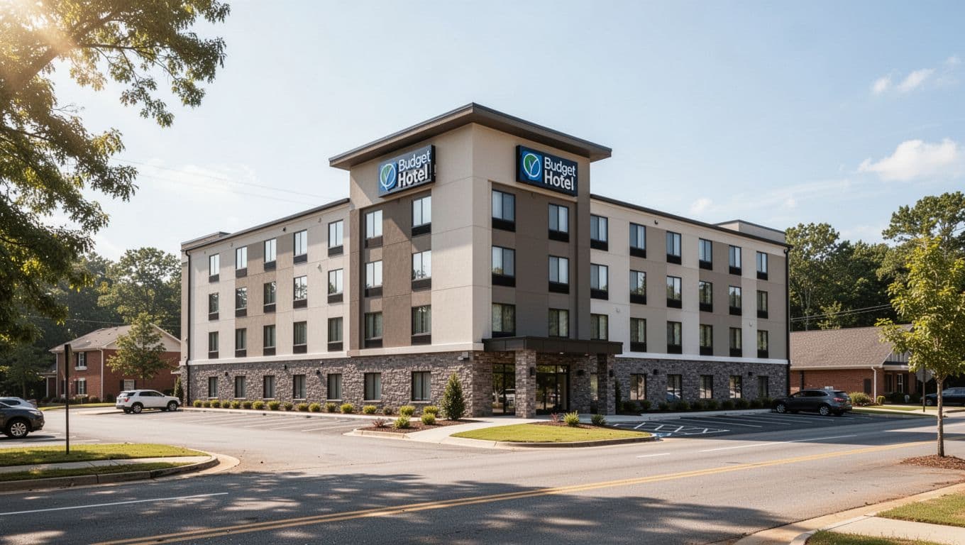 A modern budget hotel exterior with light gray siding and green landscaping under bright daylight.