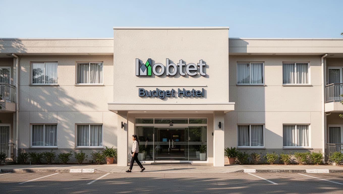 A modern budget hotel exterior with a dark-green banner and one person walking near the entrance.