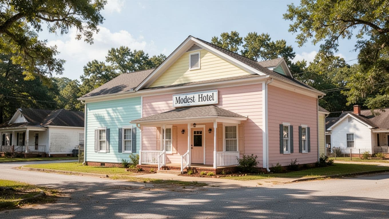 A clean hotel exterior under bright daytime sky with a decorative color band.