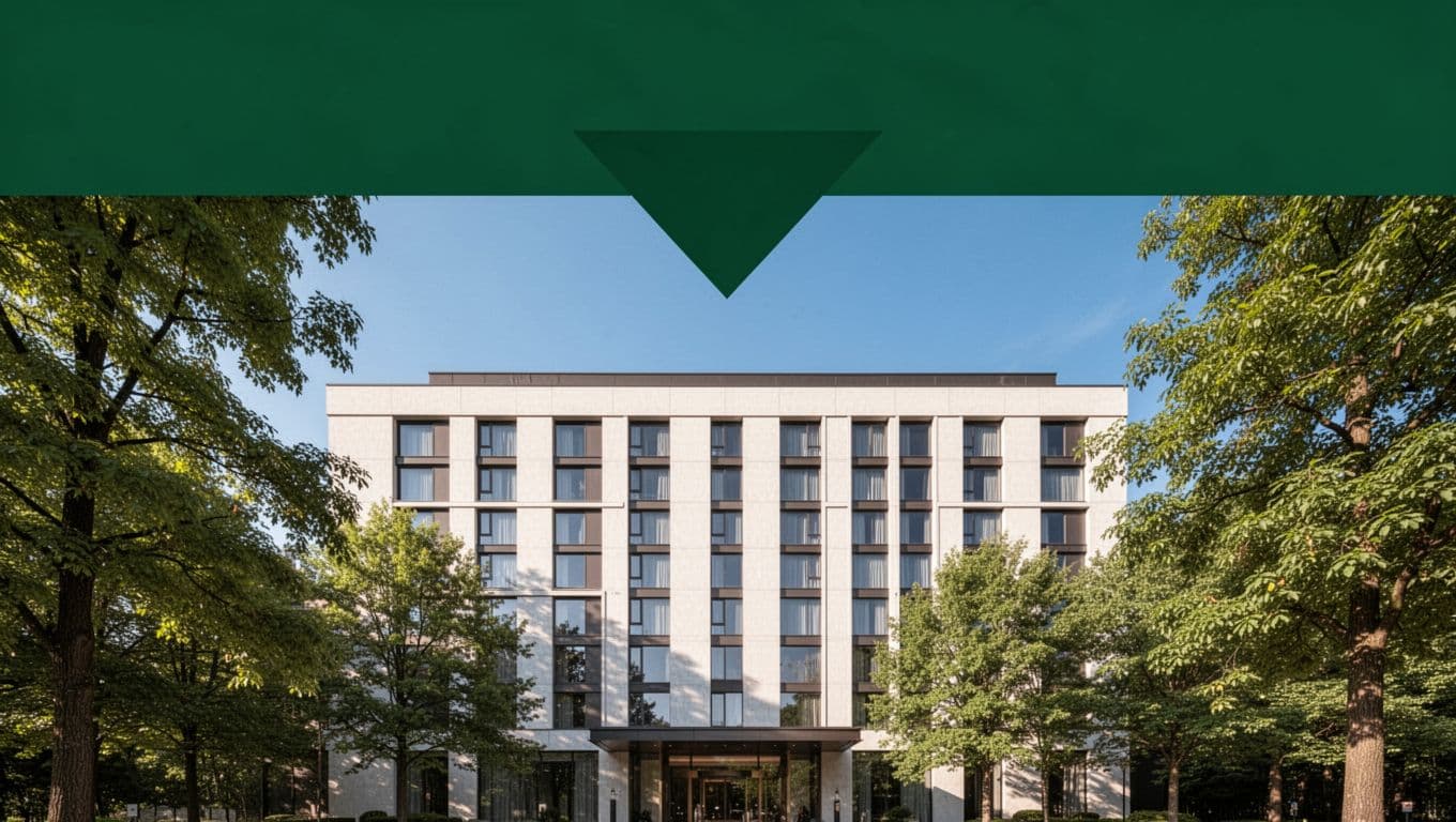 Hotel building with green trees, blue sky, and a dark green Budget Stay headline band.