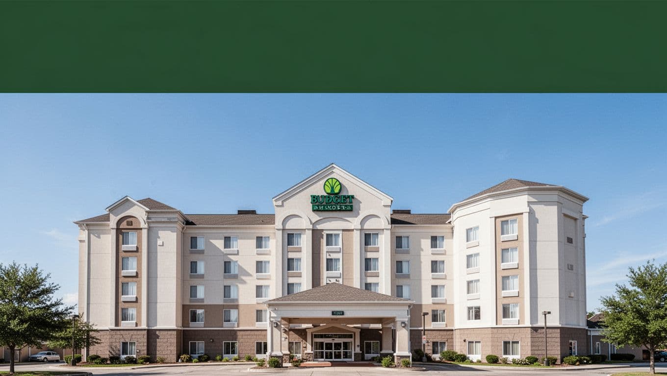 A well-maintained mid-size hotel facade features crisp architectural lines under a vibrant clear sky. A dark green header at the top showcases elegant white text promoting accessible and comfortable lodging options.
