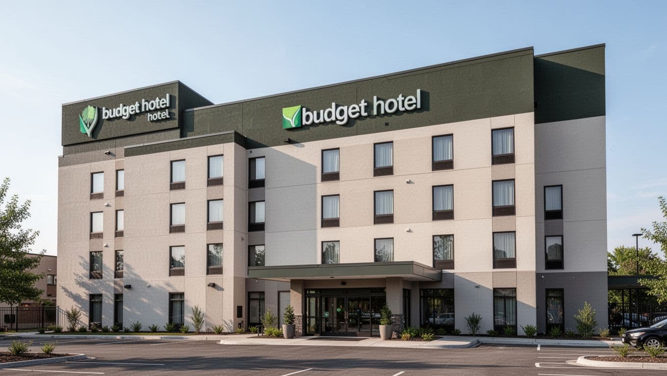 A clean modern hotel exterior with a dark green accent band near the roofline under bright daylight.
