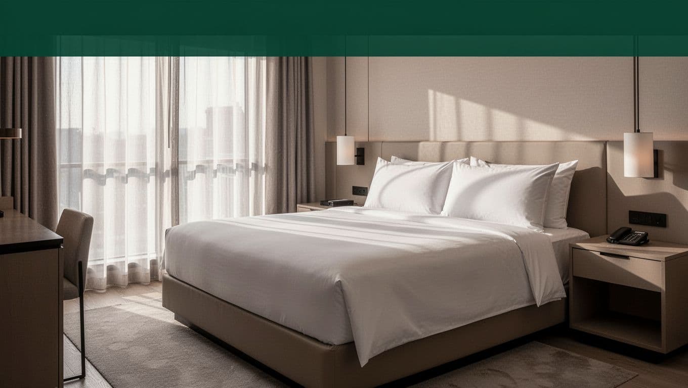 A crisp, white-sheeted bed sits centered in a minimalist hotel room bathed in soft morning glow. A dark green header bar features bold sans-serif text identifying nearby budget accommodation options.