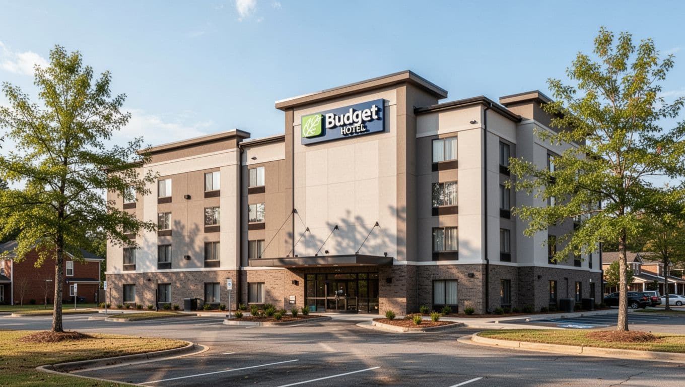A beige budget hotel exterior under a clear blue daytime sky.