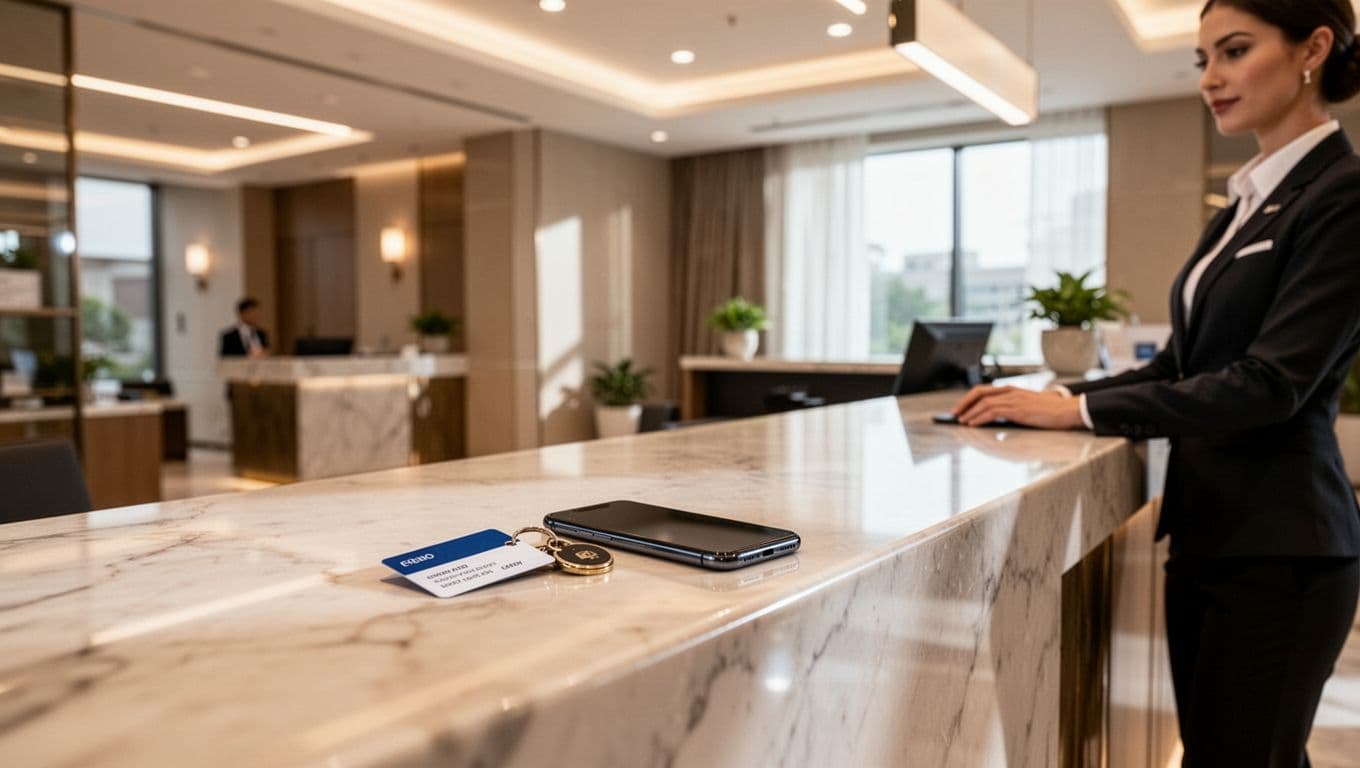 A smartphone and room key resting on a modern hotel check-in counter.