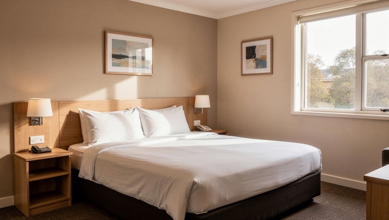 A simple budget hotel room with a made bed and wall decor.