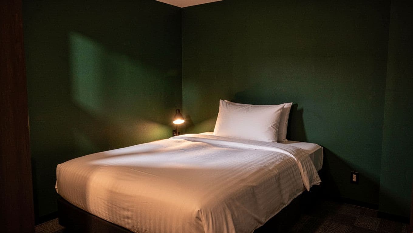 A cozy hotel room with warm lighting and a bold headline banner.