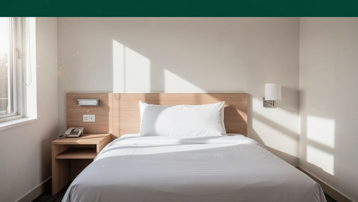 A simple bed and nightstand inside a bright minimalist budget hotel room.