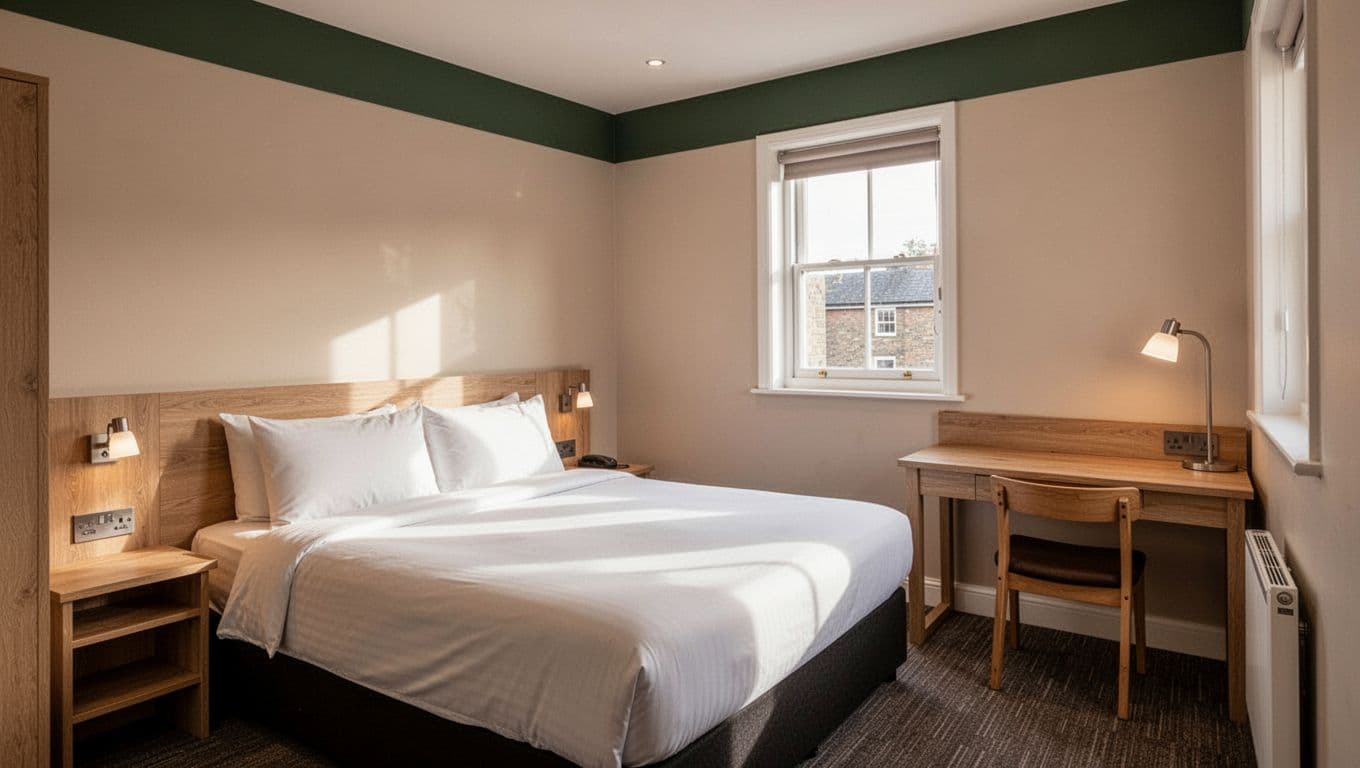 A clean hotel room featuring a neatly made bed and a desk.