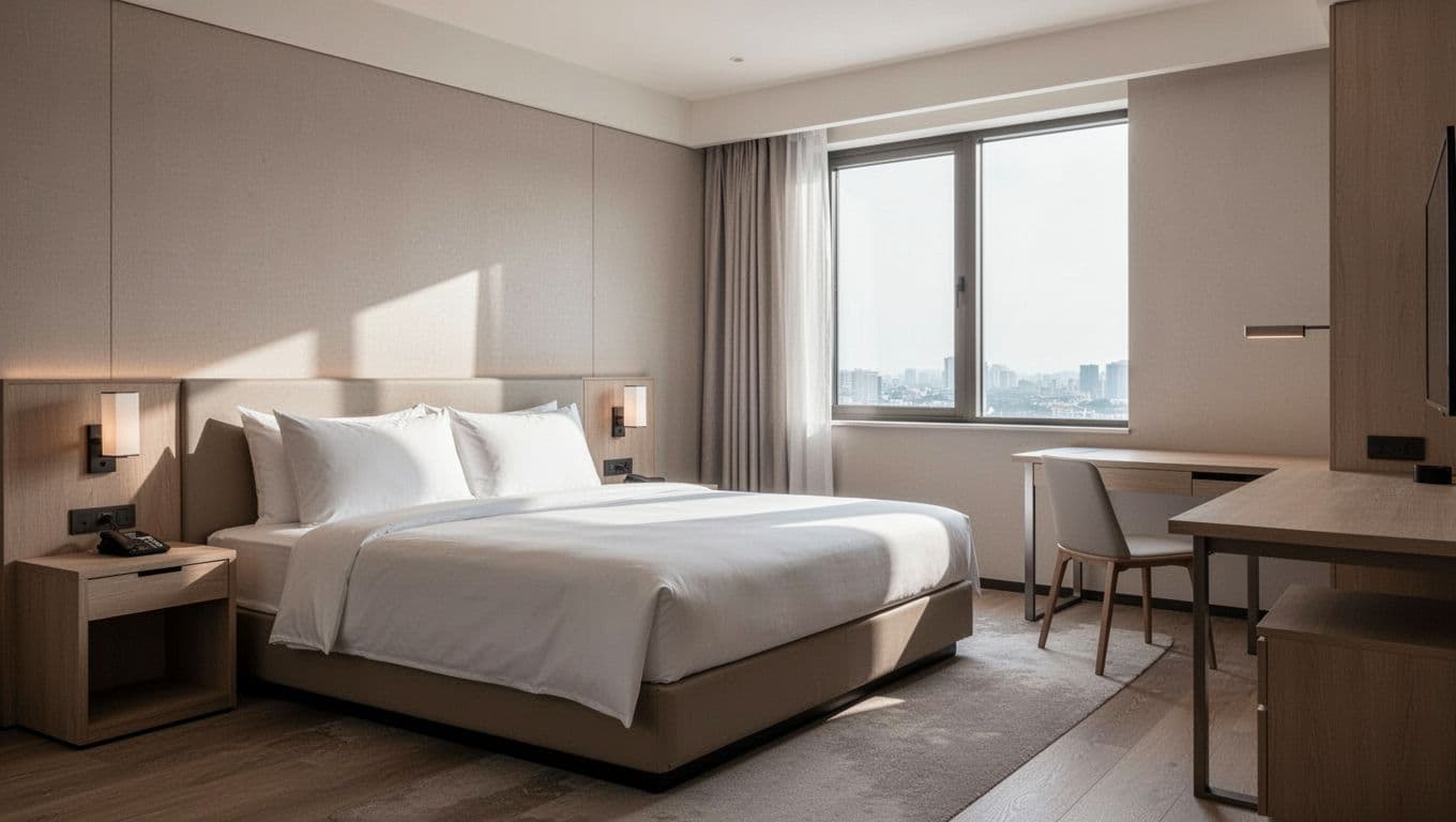 A neatly made white bed with plush pillows sits beside a small wooden writing desk in this quiet hotel room. Natural daylight streams through the window, illuminating the tidy floor space.