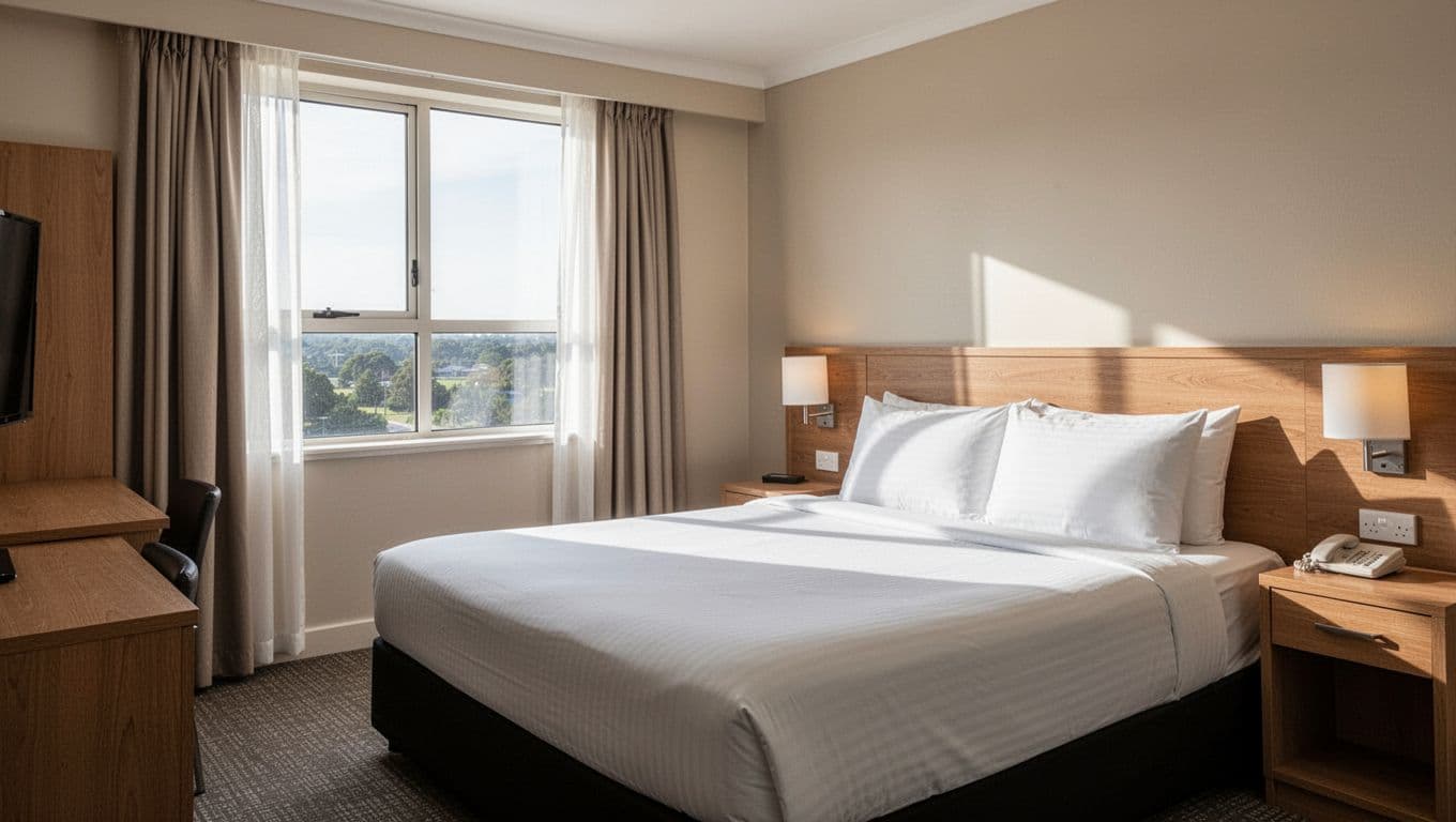 A neat hotel room with a made bed and a bright window.