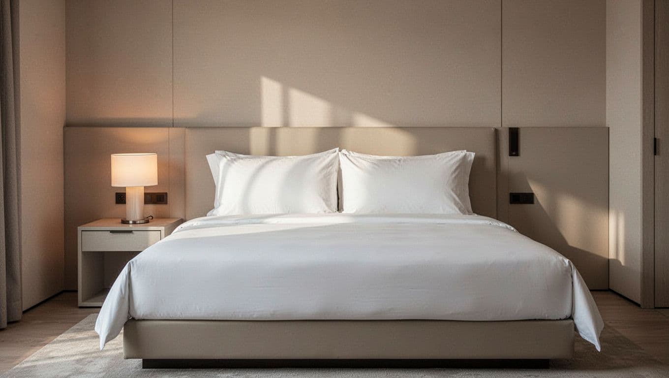 A neatly made queen bed with crisp white linens sits in a minimalist hotel room. Soft warm light glows from a bedside lamp, casting gentle shadows across the neutral-colored walls.