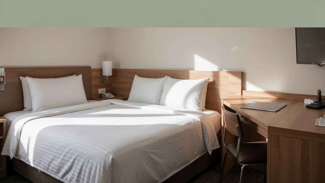 A clean hotel room with a made bed, wooden desk, and soft daylight.