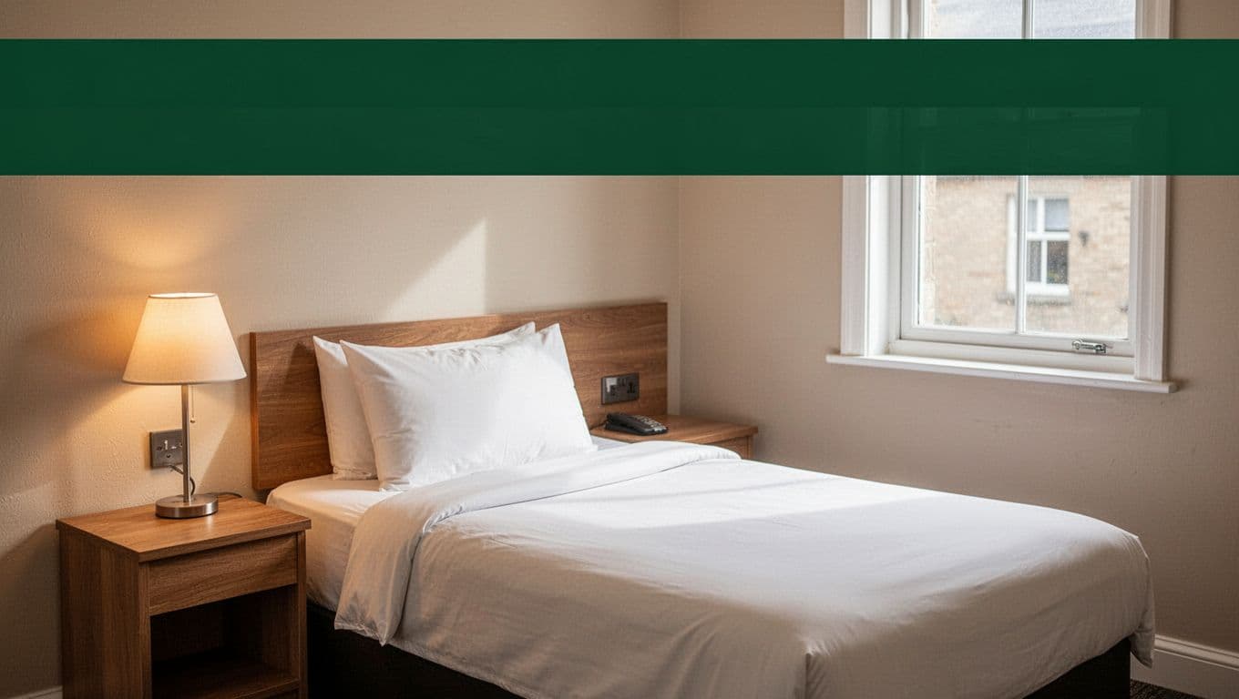 A clean hotel room with a white bed and a glowing lamp under a headline band.