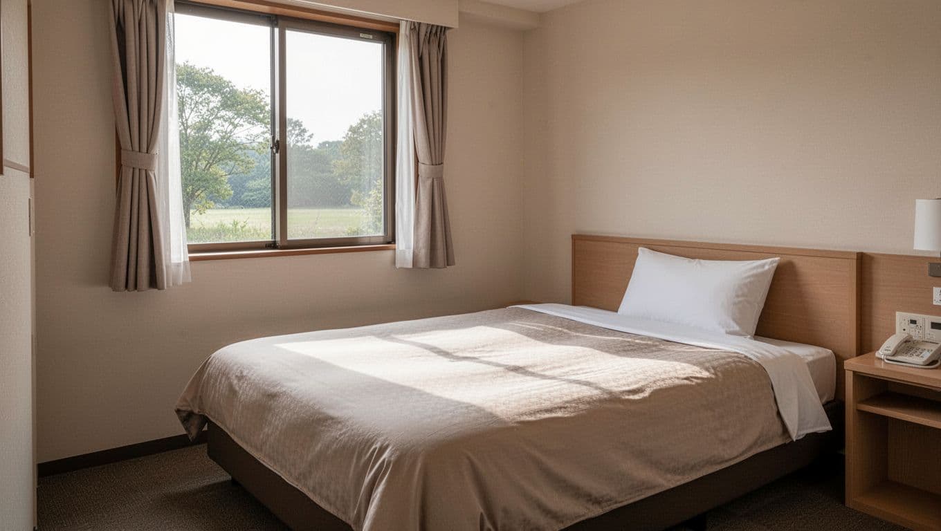 A clean budget hotel room with a simple bed and a window view.