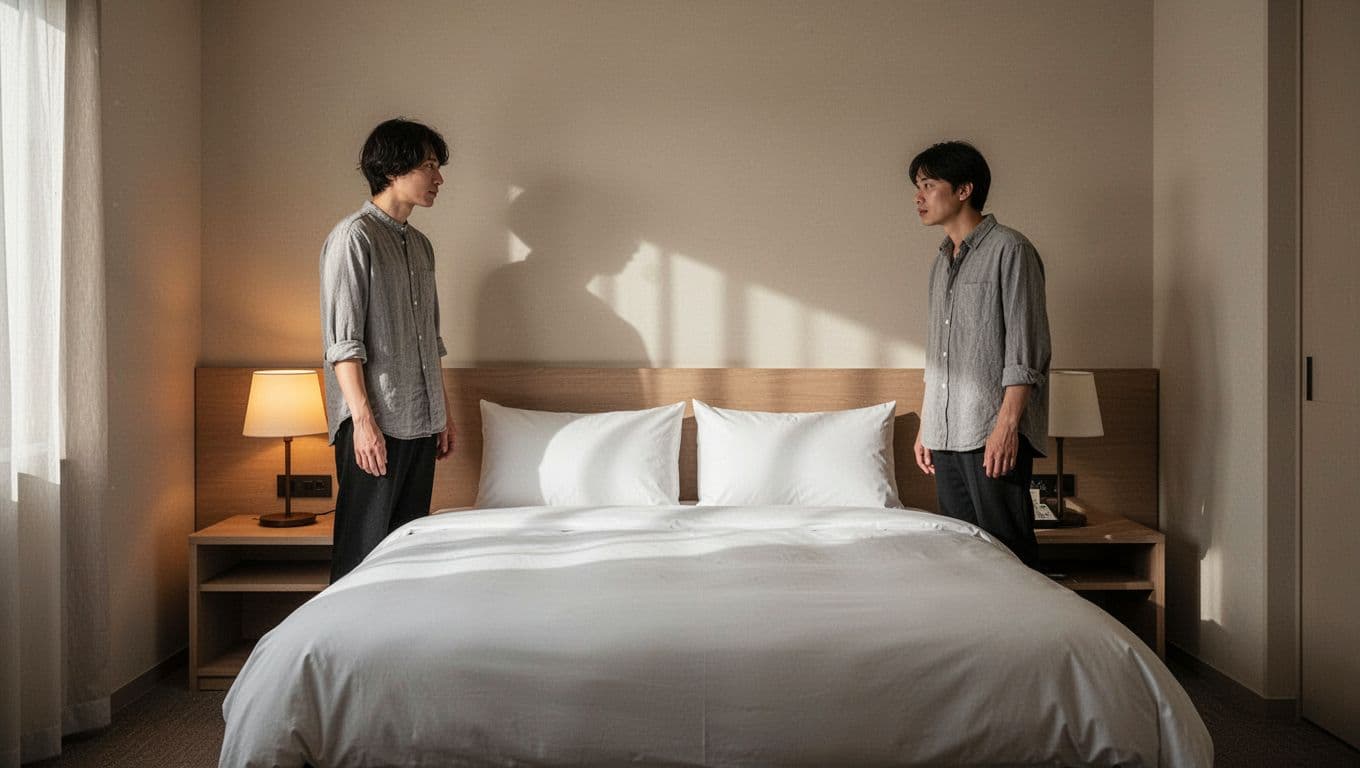 A warm hotel room with one person, a made bed, bedside lamp, and Budget Stays banner.