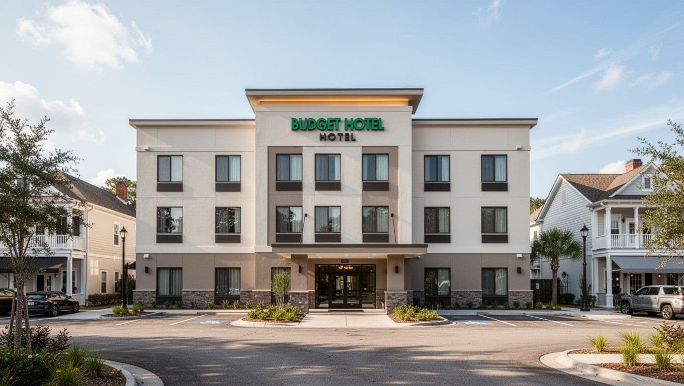 A clean budget hotel exterior beside a quiet road in a southern town.