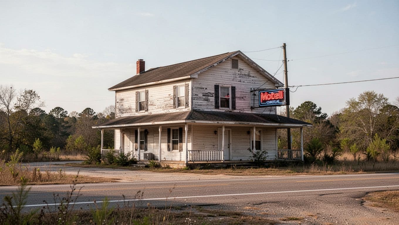 A quiet rural motel building in Alabama with a dark green accent band.
