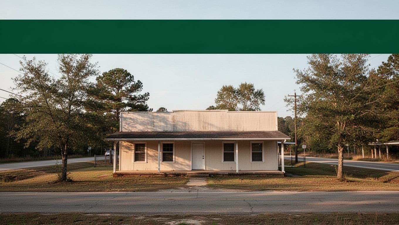 A clean minimalist motel exterior in rural Alabama with a dark green headline band.