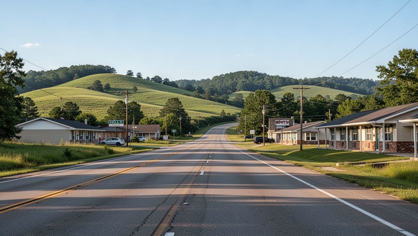 A quiet roadside motel alongside a rural highway beneath rolling green hills.