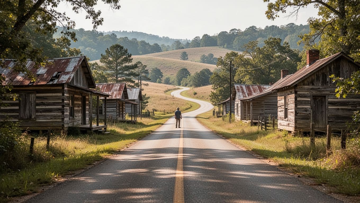 A quiet country road and rustic cabins in Cherokee County with a distant person walking.