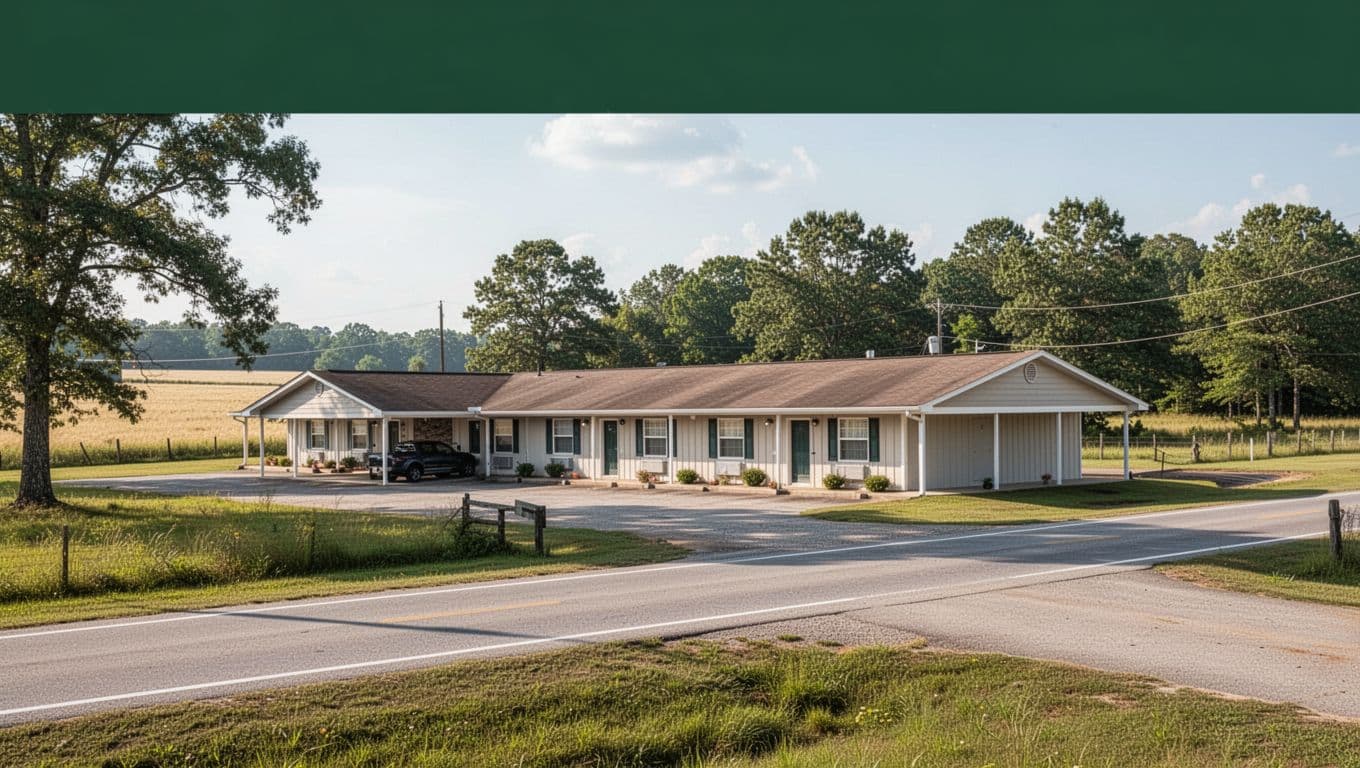 A motel exterior along a quiet Alabama road beneath a bold green headline band.