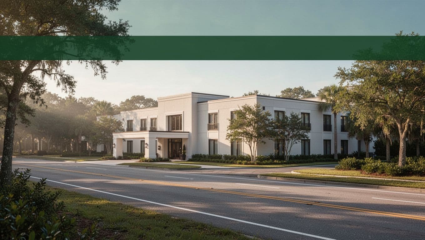 A modern highway hotel exterior bathed in soft morning light with a green accent band.