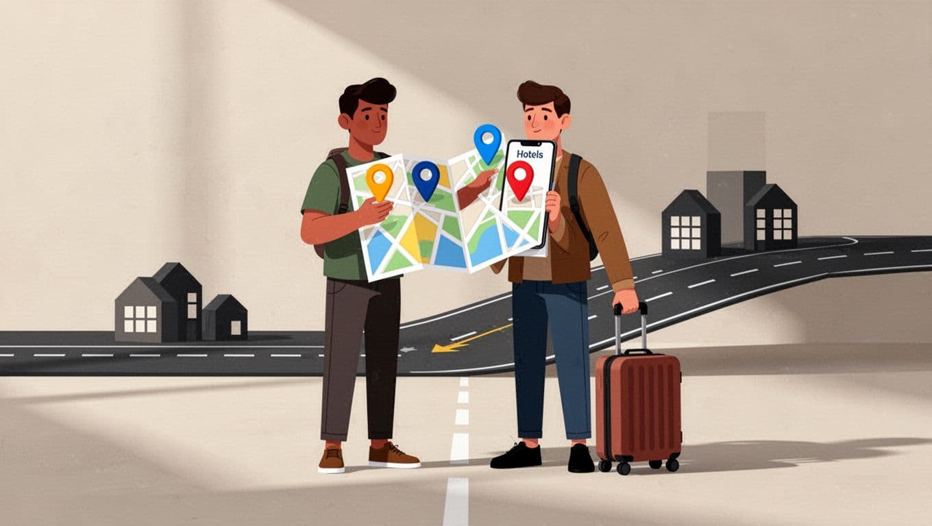 A flat graphic illustration of a traveler planning lodging with a bold headline band.