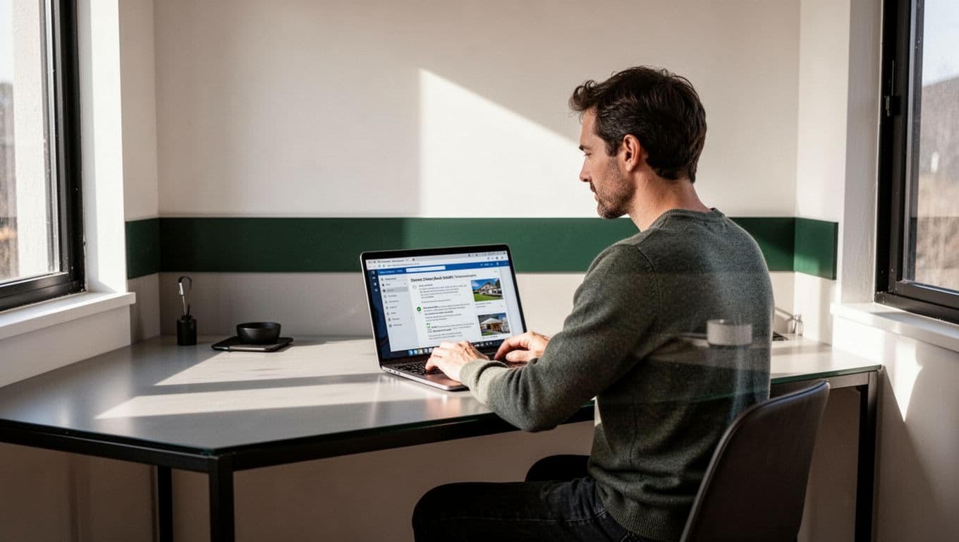 A person planning budget lodging on a minimal desk with a dark green header.