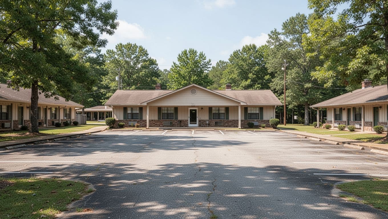 A simple rural motel exterior with a parking lot and green trees under a clear sky.