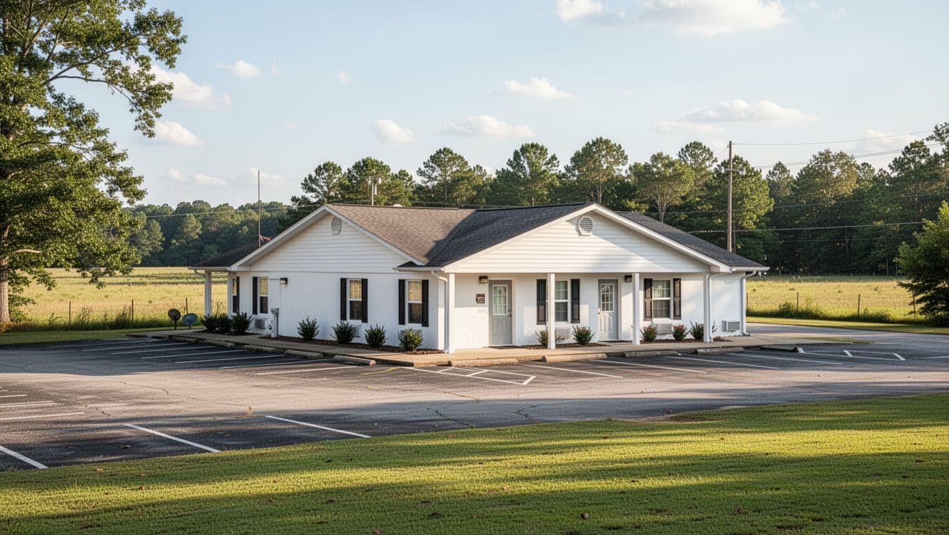 A white roadside motel with an empty parking lot in a rural setting.