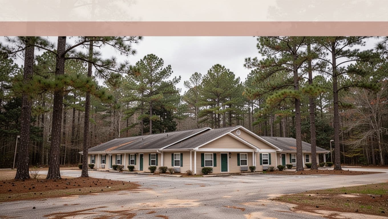 A simple rural motel building nestled among pine trees beneath an overcast sky.