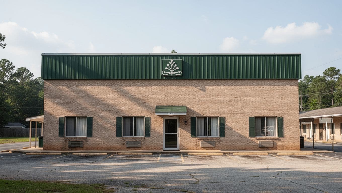 A clean budget motel exterior and sign under daylight in rural Alabama.