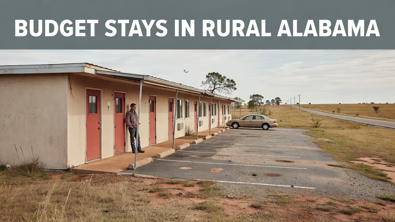 A quiet rural motel in Alabama with a lone person standing outside.