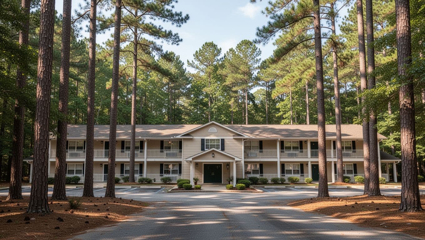 A modest motel building surrounded by pine trees in Alabama.