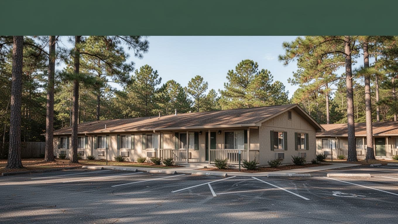 An affordable motel exterior with parking and tall pine trees under an open sky.