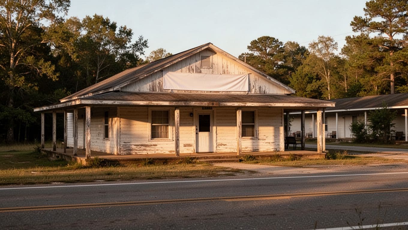 A rustic budget motel building sits beside a quiet road under a warm afternoon sun.