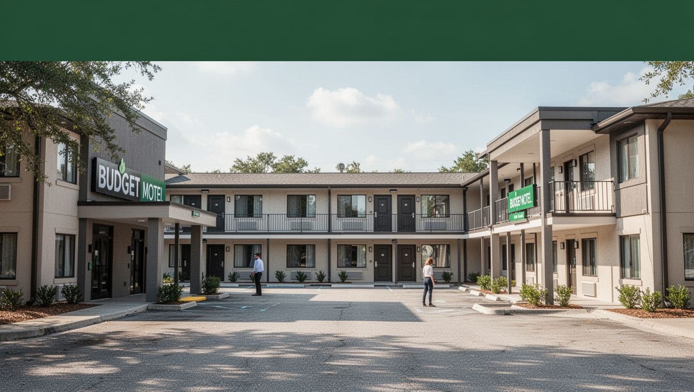 Exterior of a modern budget motel in a quiet southern town during the daytime.