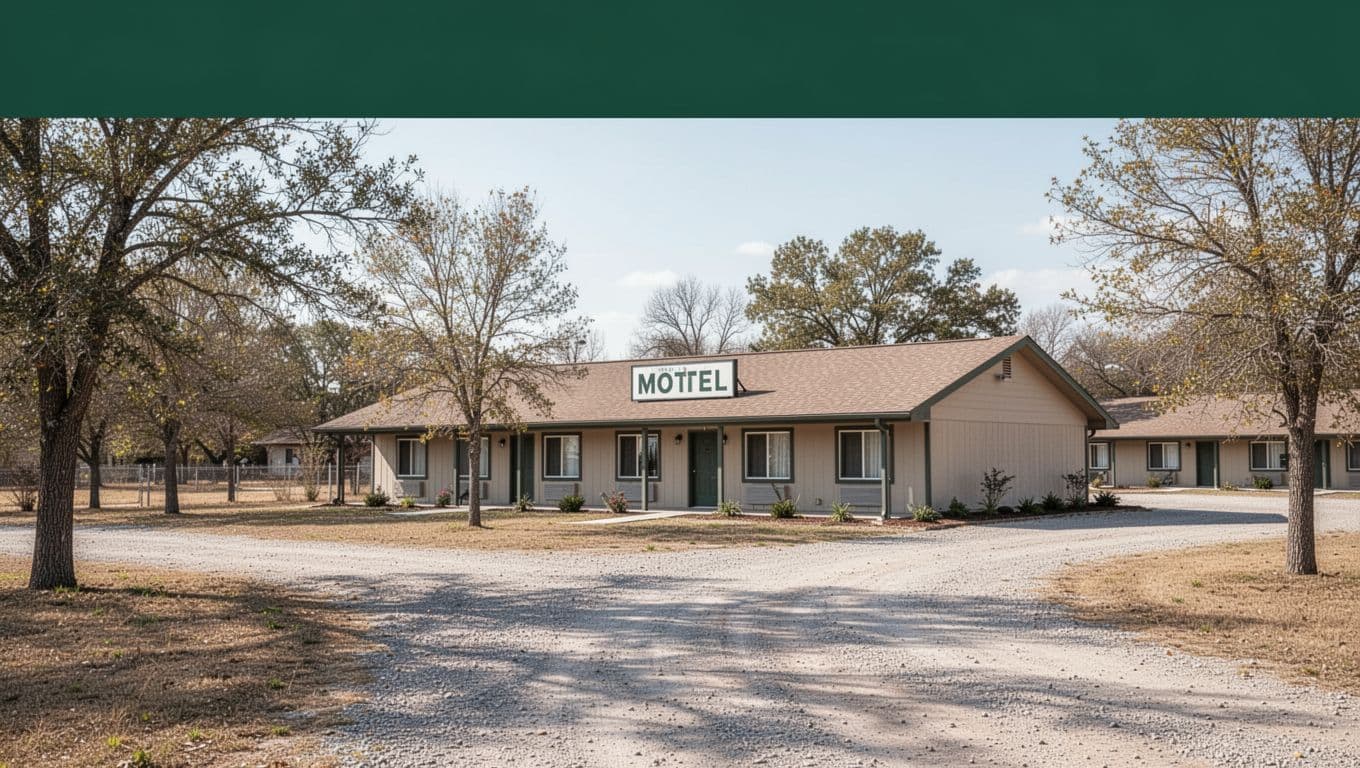 A simple rural motel building exterior under bright daylight with a dark green accent band.