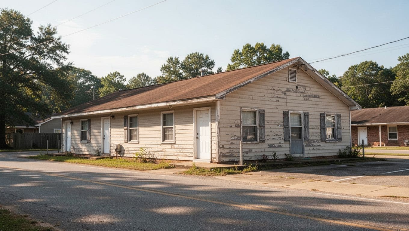 A simple one-story motel building under daylight.