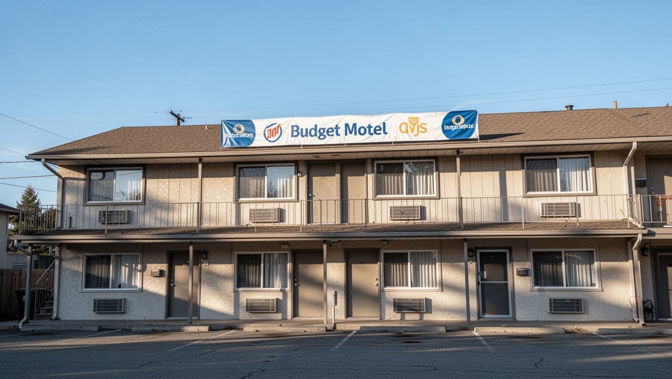A simple two-story motel building under a clear blue sky.