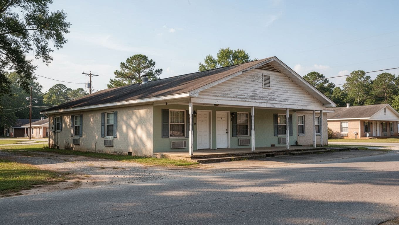 Exterior view of a modest one-story motel building in a quiet rural town.