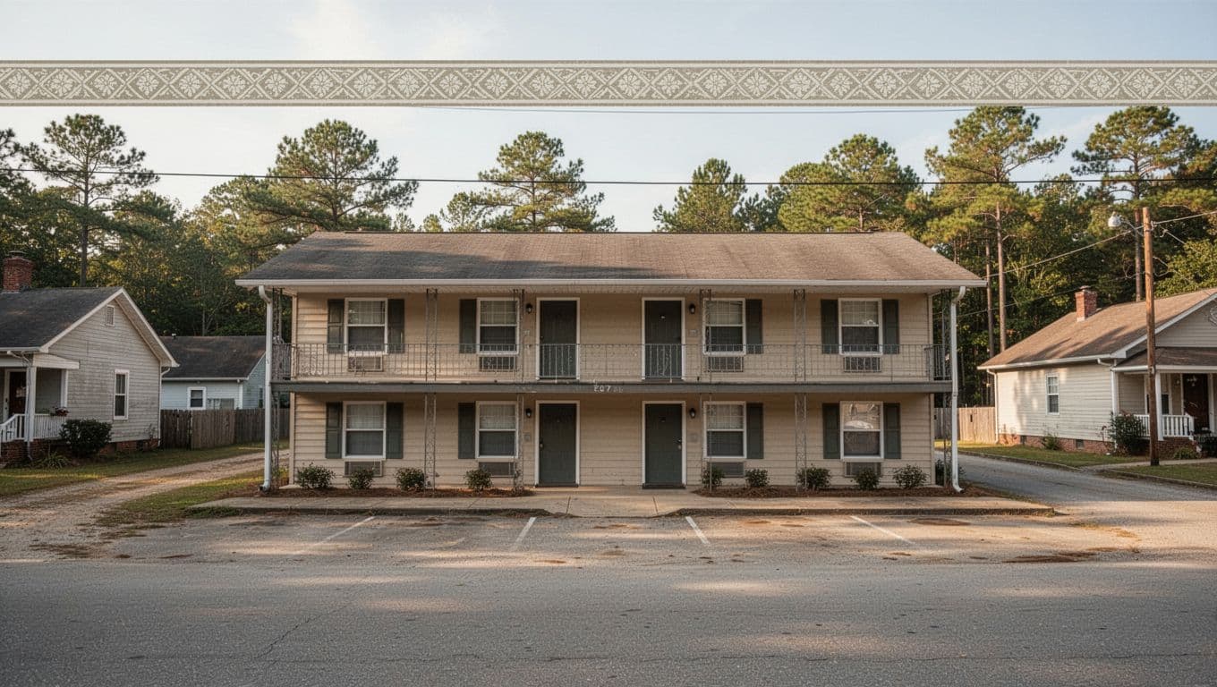 A retro single-story budget motel exterior under a bright blue sky.