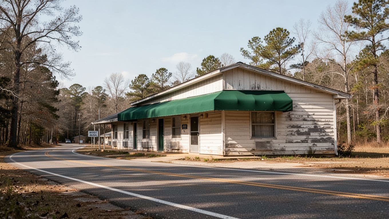 A modest single-story motel exterior in rural Alabama with a green sign band.