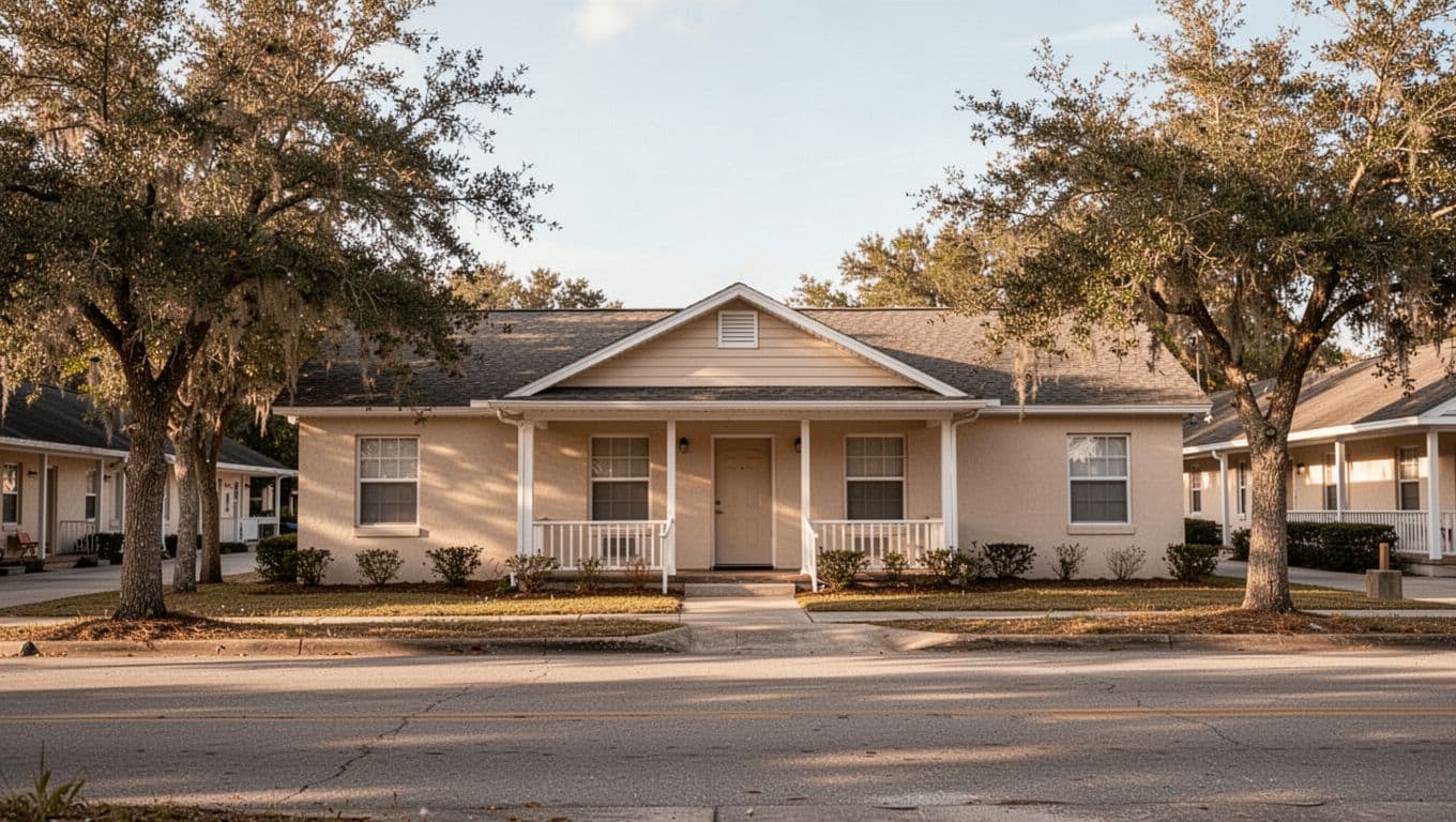 A simple motel exterior in a quiet southern town under soft daylight.