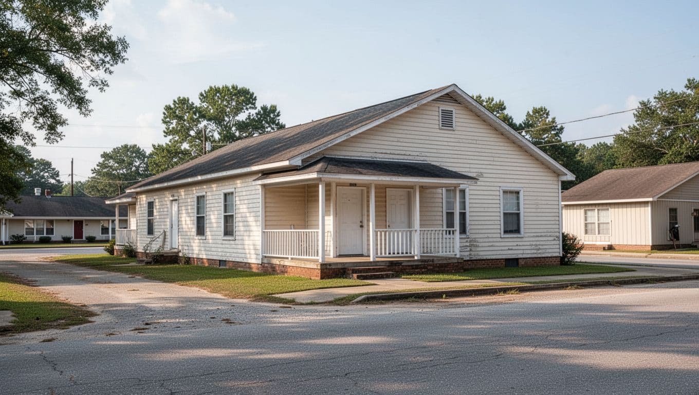 A simple single-story motel building in a quiet rural southern town during the day.