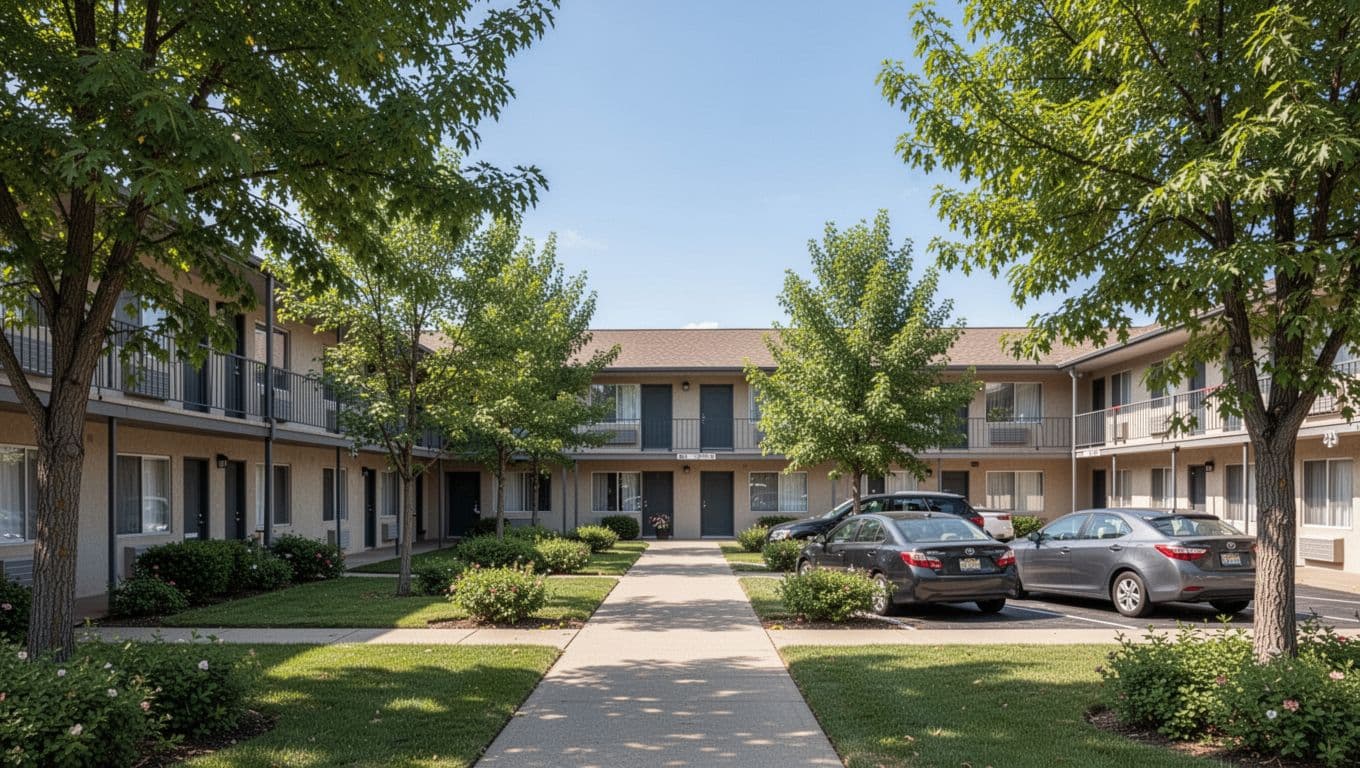 Exterior of a neat low-rise motel with parked cars and green trees under a clear sky.