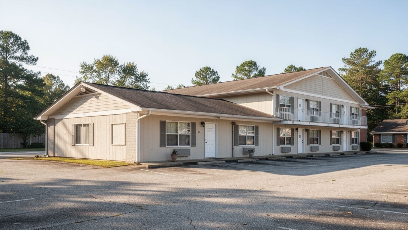 A low-rise budget motel exterior under bright daylight with a paved parking area.