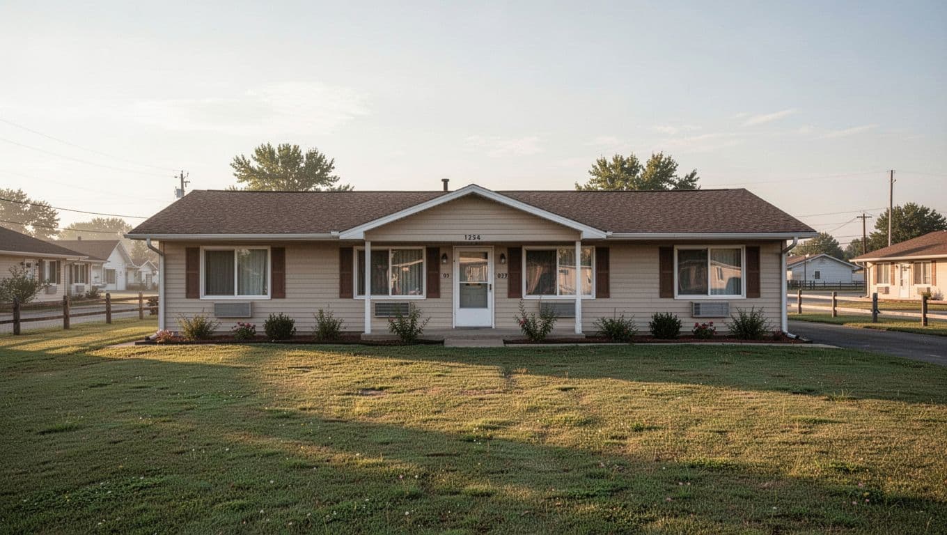 The exterior of a clean, single-story budget motel in a quiet town under morning light.